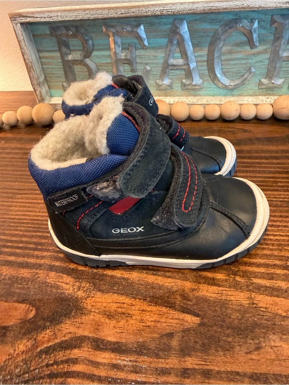 Geox Omar waterproof ankle boots navy red toddler 5 1/2 double strap wool lined